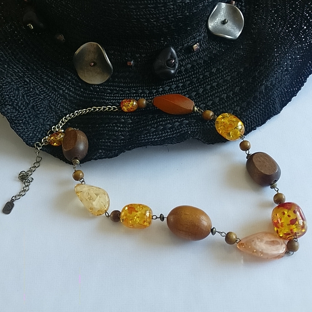 Faux Amber Lucite Beads necklace Signed You&I